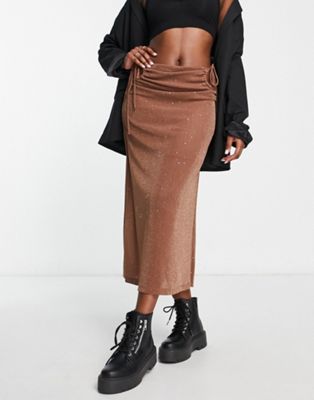 Sisters Of The Tribe sparkle mesh midi skirt co-ord in soft brown