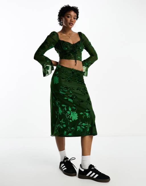 Sisters of the Tribe velvet burnout midi skirt in forest green