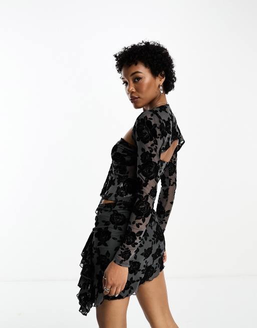 Sisters of the Tribe velvet burnout ruched mini skirt in black