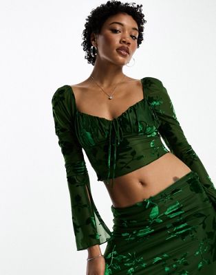Sisters of the Tribe velvet devore long sleeve bust detail top co-ord in forest green