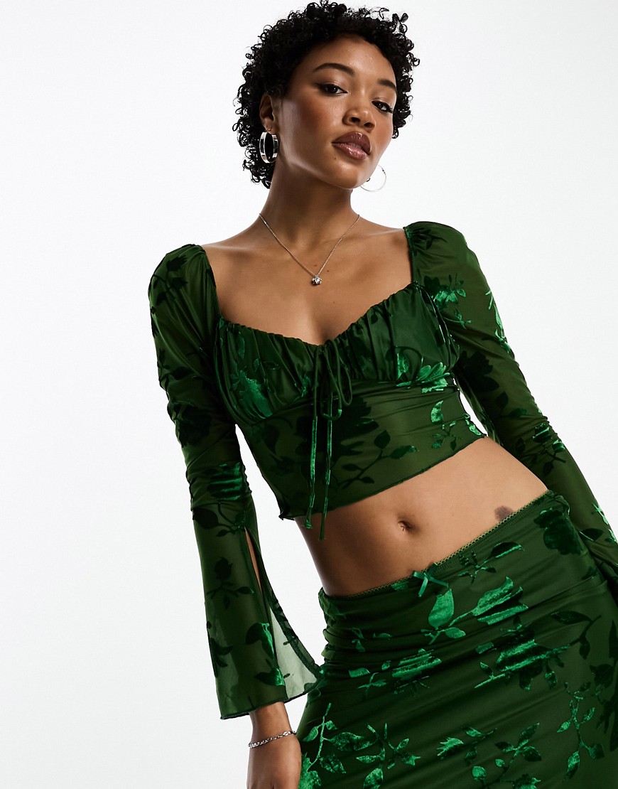 Sisters of the Tribe velvet devore long sleeve bust detail top co-ord in forest green