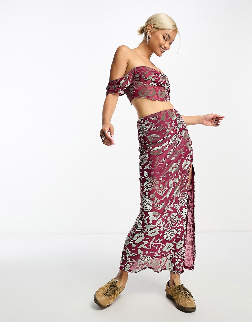 Sisters of the Tribe velvet devore maxi split skirt co-ord in rose and silver-Pink