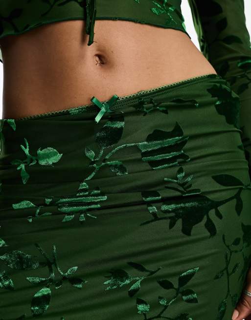 Sisters of the Tribe velvet devore midi skirt co-ord in forest green