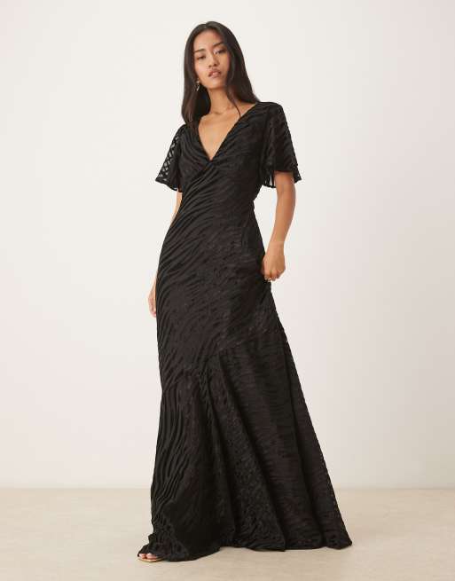 Six Stories animal devore flutter sleeve maxi dress in black