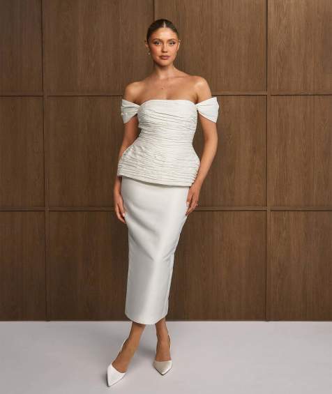 Six Stories Bardot peplum midi dress in ivory - view 1