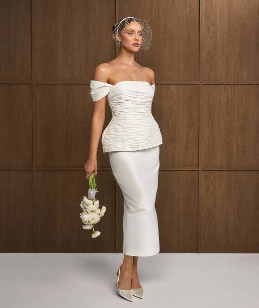 Six Stories Bardot peplum midi dress in ivory, 4 of 7