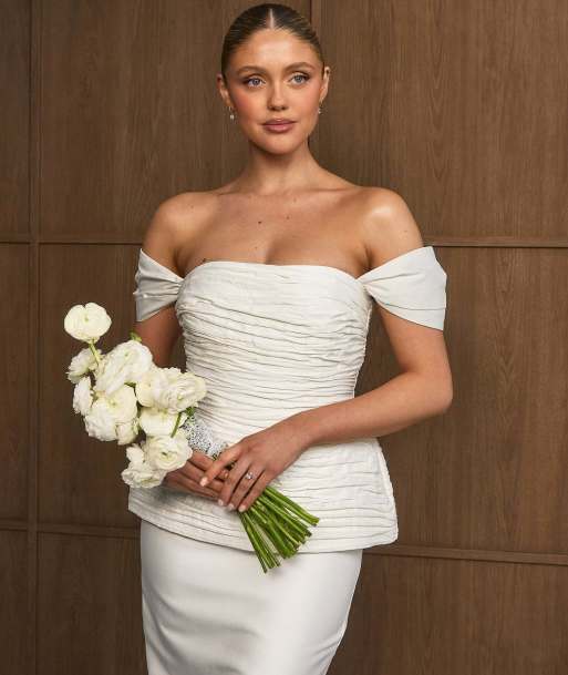 Six Stories Bardot peplum midi dress in ivory, 5 of 7