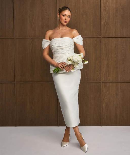 Six Stories Bardot peplum midi dress in ivory, 6 of 7