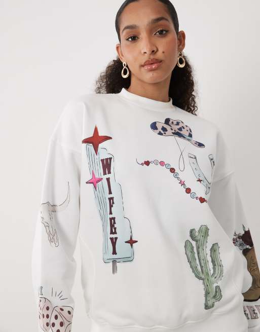 Six Stories Bridal – Rodeo – Biały zestaw z kowbojskimi motywami: sweter, T-shirt z krótkim rękawem i szorty, 2 z 4