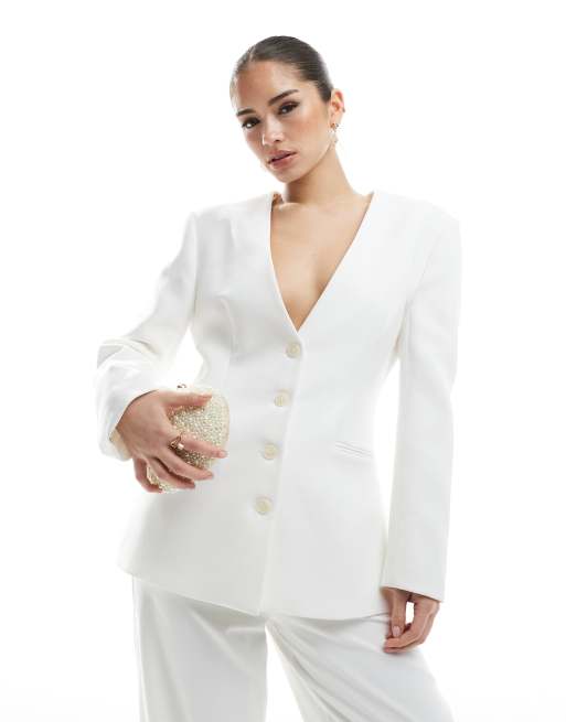 Six Stories - Blazer sartoriale avorio da sposa senza colletto in coordinato