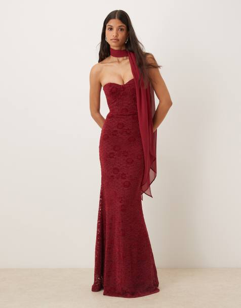Six Stories velvet lace corset bandeau maxi dress with neck scarf in burgundy