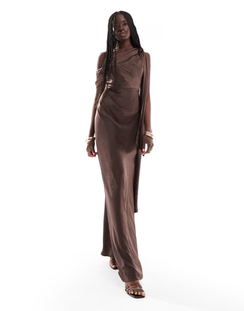 Six Stories bow one shoulder satin maxi bridesmaid dress in chocolate brown - view 1