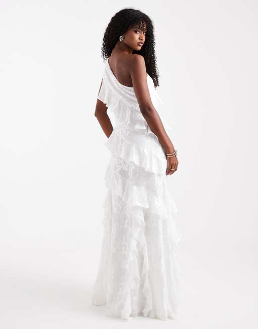 Six Stories Bridal asymmetric ruffle lace maxi dress with split in white, 2 of 4