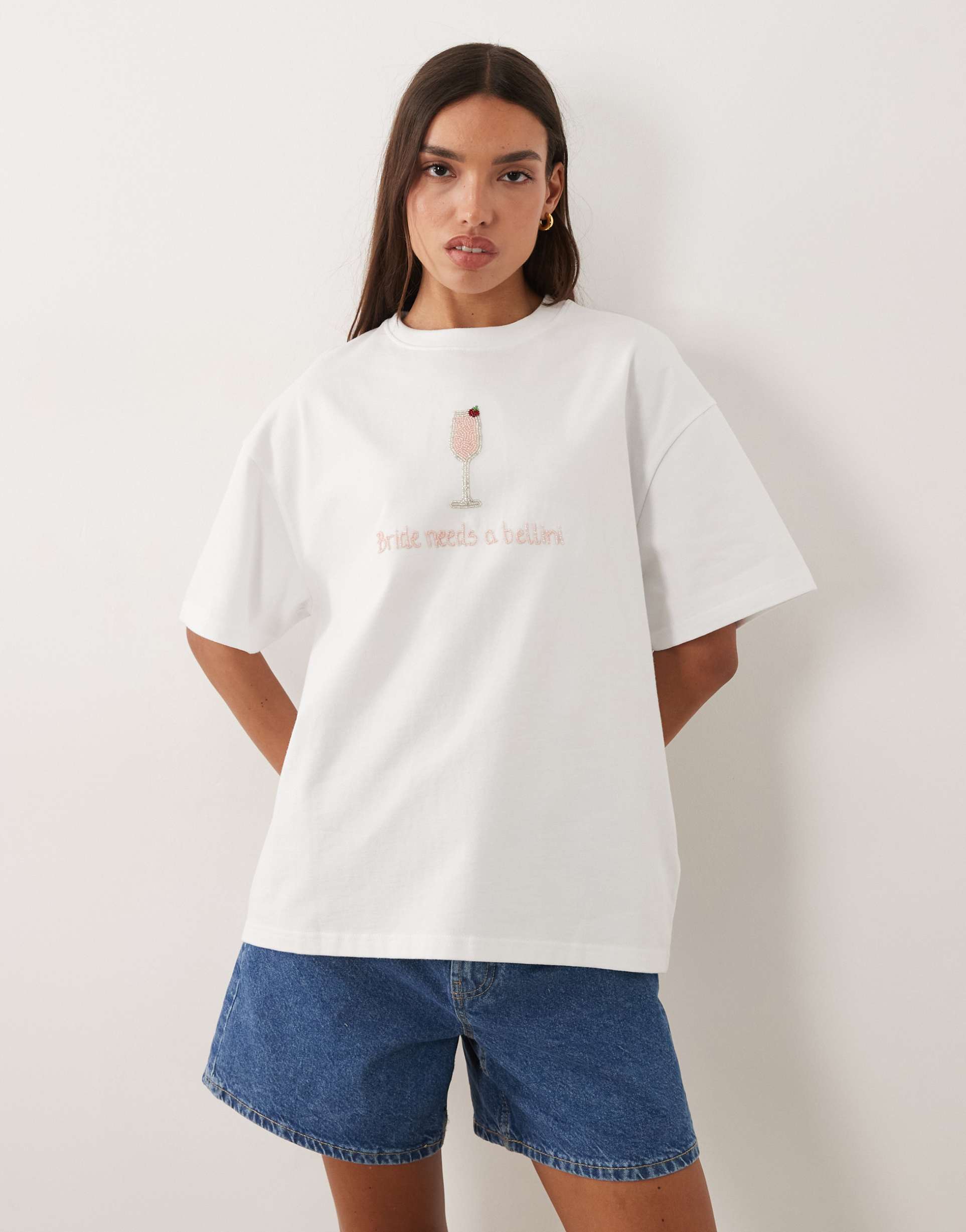 six stories bridal bead embellished "bride needs a bellini" t-shirt in white