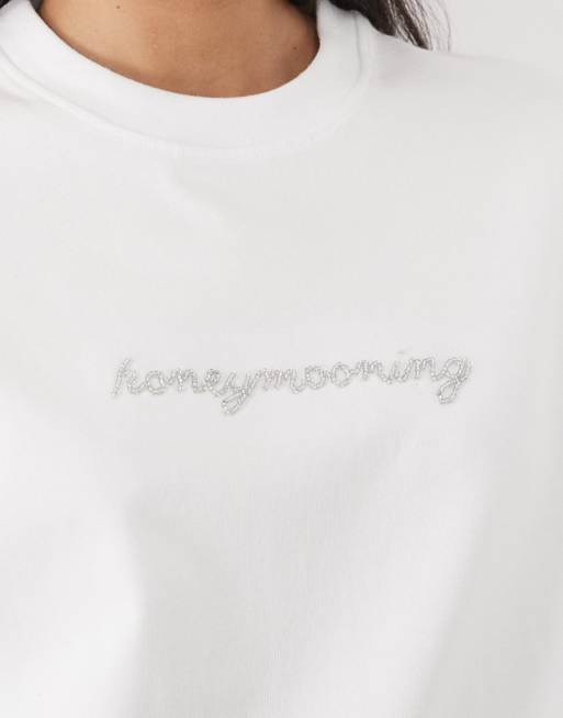 Six Stories Bridal bead embellished "honeymooning" t-shirt in white, 3 of 4