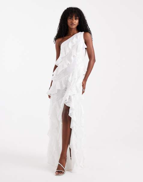 Six Stories Bridal asymmetric ruffle lace maxi dress in split with white