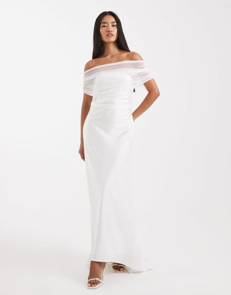 Six Stories Bridal off the shoulder mesh high low hem maxi dress in white