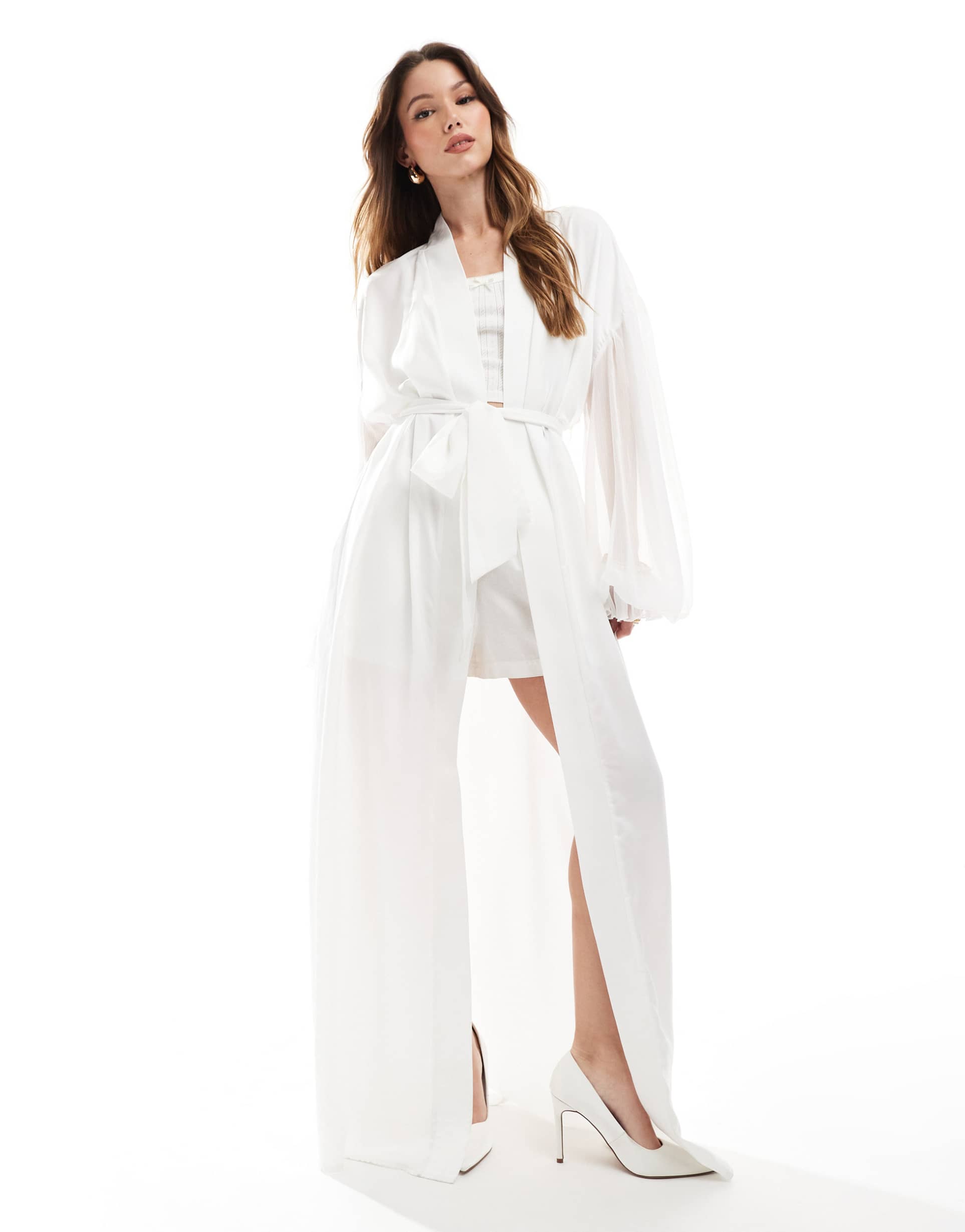 six stories bridal chiffon sleeve satin maxi robe in ivory