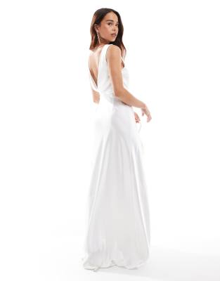 Bridal cowl back satin maxi dress in ivory-White