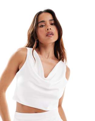 Six Stories Six Stories Bridal cowl front satin crop top co-ord in white