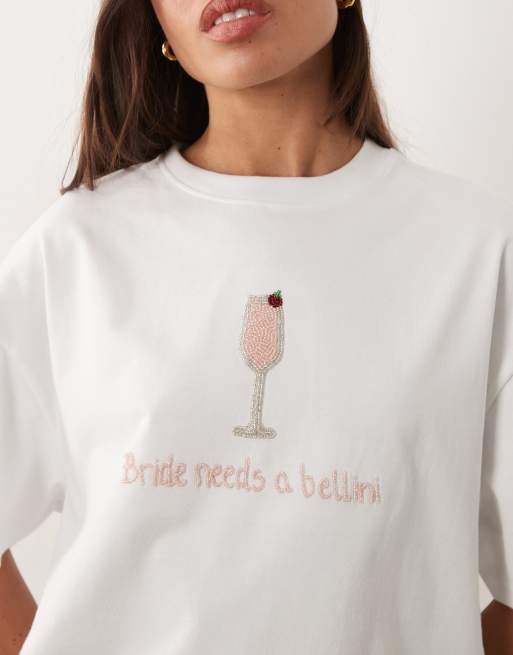 Six Stories Bridal embellished beaded "bride needs a bellini" t-shirt in white, 2 of 4