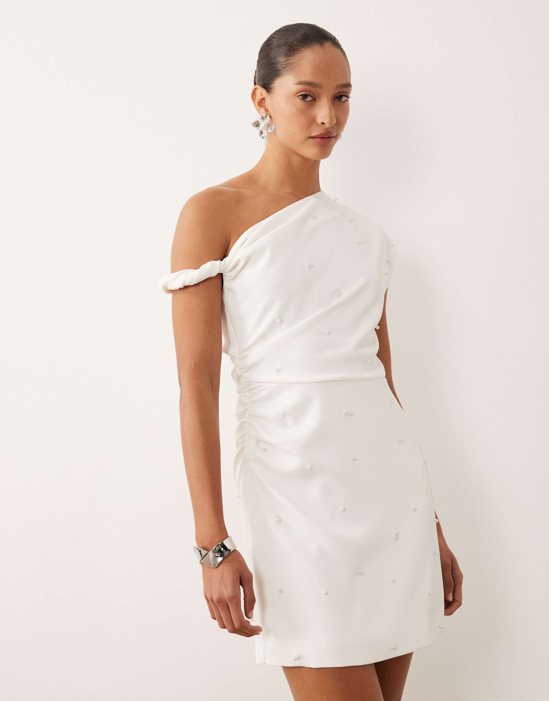 six stories bridal fallen shoulder faux pearl detailing mini dress in white