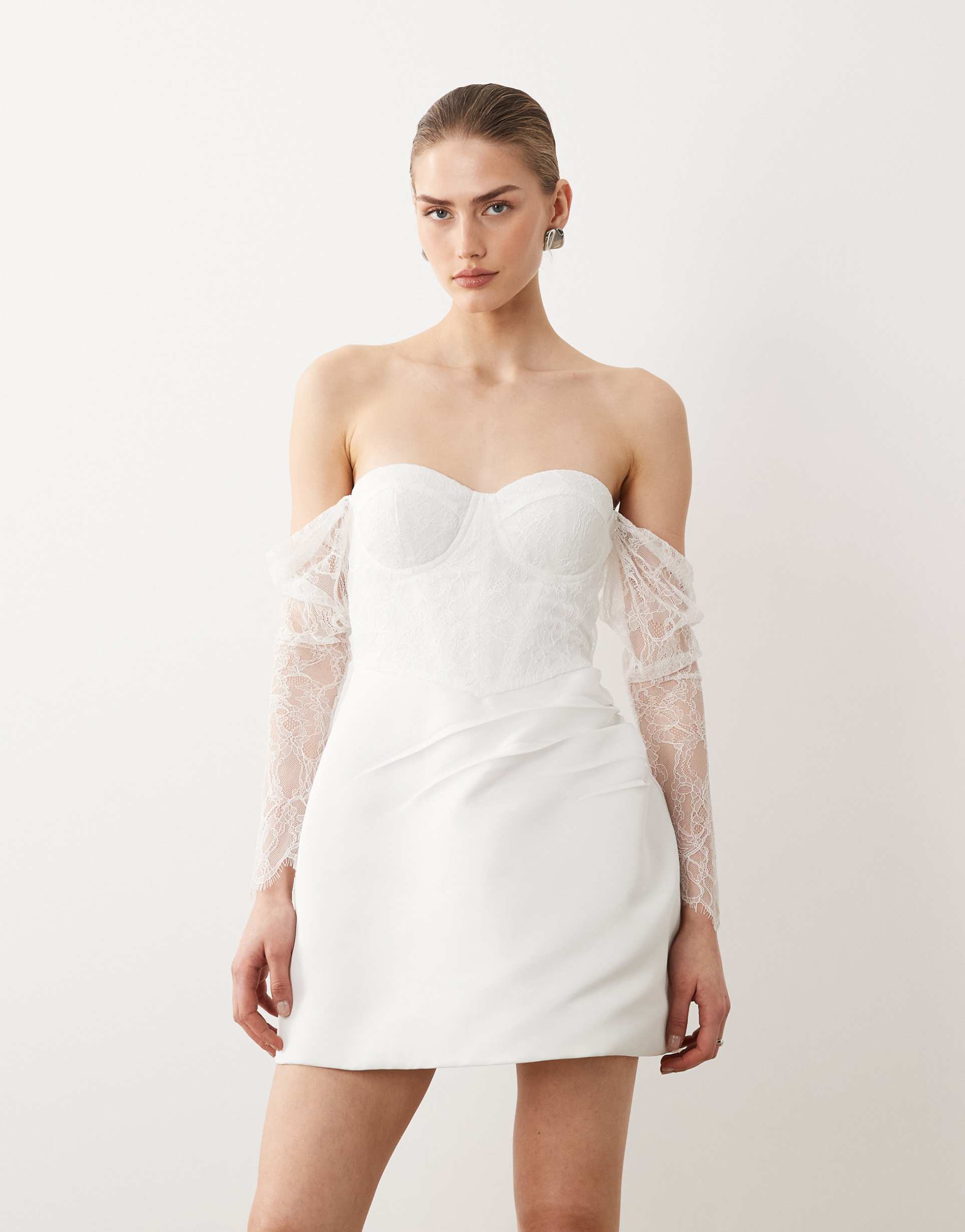 six stories bridal fallen shoulder lace sleeve mini dress in white
