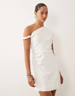 Six Stories Six Stories Bridal fallen shoulder pearl detail mini dress in white
