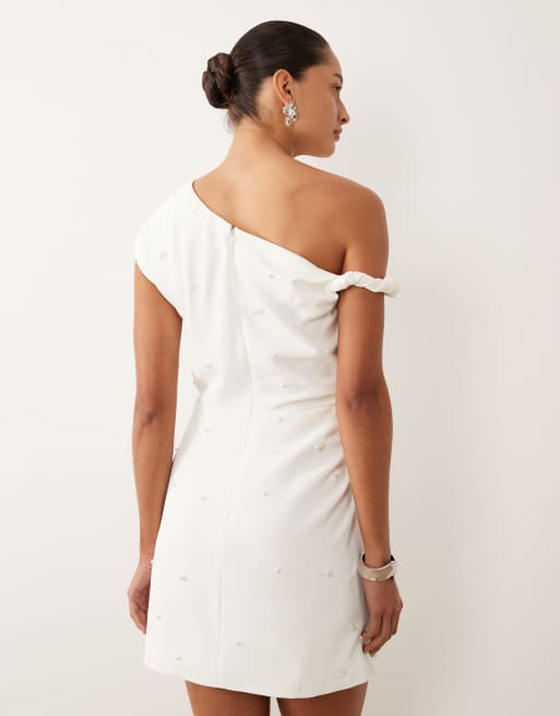 Six Stories Bridal fallen shoulder pearl detail mini dress in white, 3 of 4