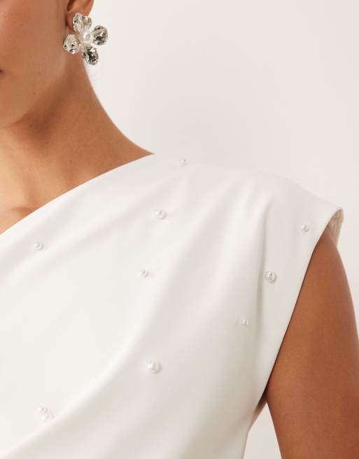 Six Stories Bridal fallen shoulder pearl detail mini dress in white, 4 of 4