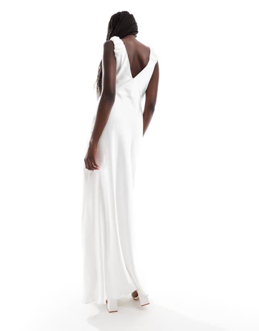 Six Stories Bridal gathered satin maxi dress in soft white