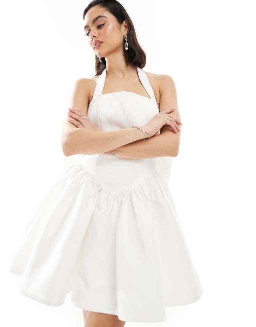 Six Stories Bridal halter neck bow back mini dress in ivory