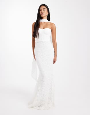 Six Stories Bridal Lace Bandeau Scarf Neck Maxi Dress In White