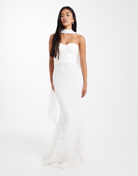 Six Stories Bridal lace bandeau scarf neck maxi dress in white - view 1