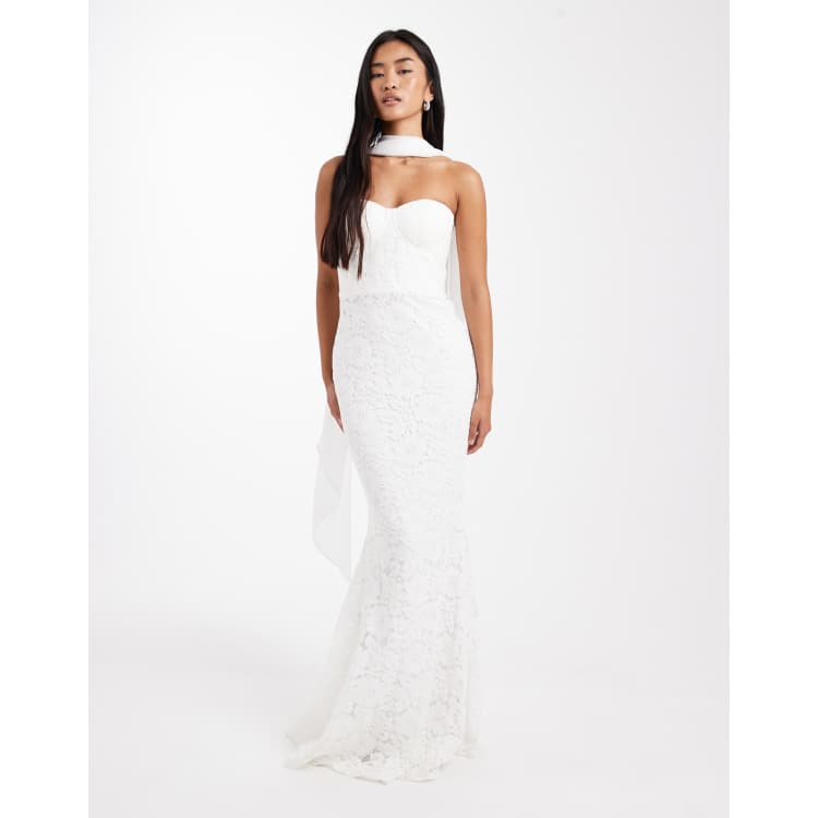 bandeau tailored maxi dress in white lace ASOS DESIGN bandeau maxi dress with pintucks and lace tiers in white