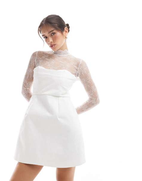 Six Stories Bridal lace sleeve structured mini dress in ivory - view 1