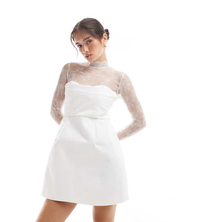 lace collar wedding dress Retro Boho Lace Sleeved High Neck Wedding Dress Nude Beige