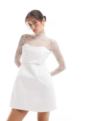 Bridal lace sleeves structured mini dress in ivory-White