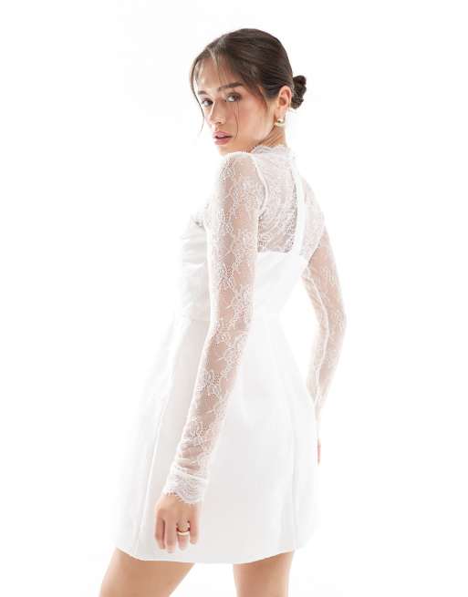 Six Stories Bridal lace sleeves structured mini dress in ivory