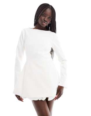 Bridal long sleeve bubble hem mini dress in soft white