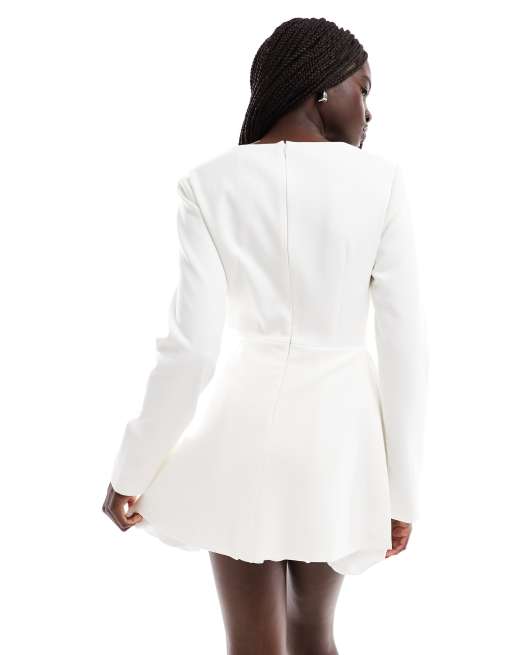 Six Stories Bridal long sleeve bubble hem mini dress in soft white