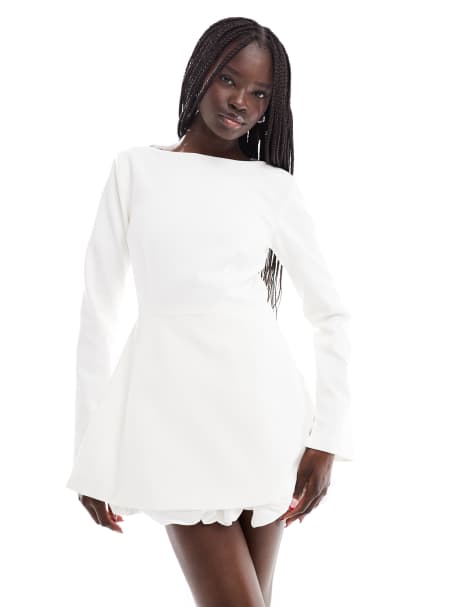 Six Stories Bridal long sleeve puff hem mini dress in soft white