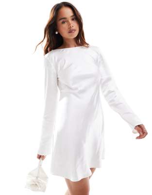 Six Stories Six Stories Bridal long sleeve satin cowl back mini dress in ivory-White