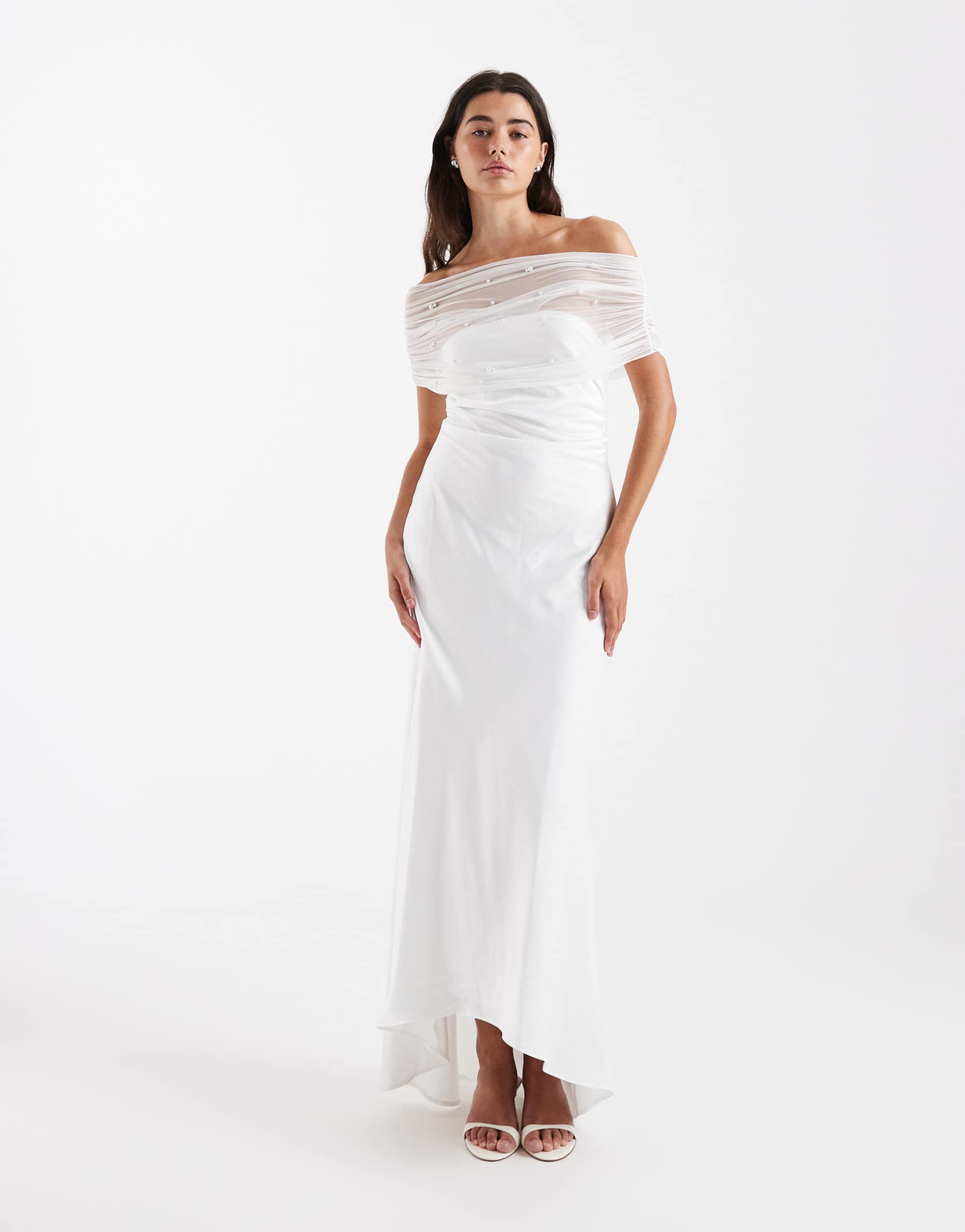 six stories bridal off the shoulder embellished asymmetric hem midi dress in white