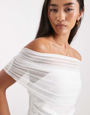 Six Stories Bridal Off The Shoulder Mesh High Low Hem Maxi Dress In White