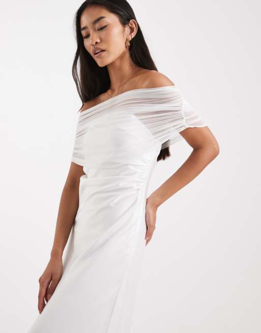 Six Stories Bridal off the shoulder mesh high low hem maxi dress in white