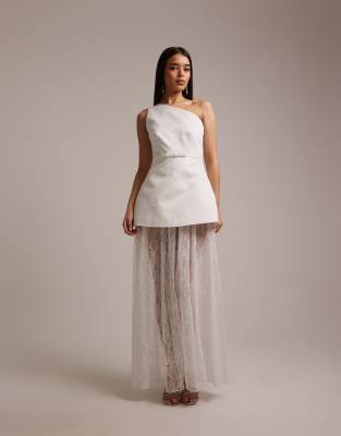 Six Stories Bridal One Shoulder Satin And Lace Mix Maxi Dress In White