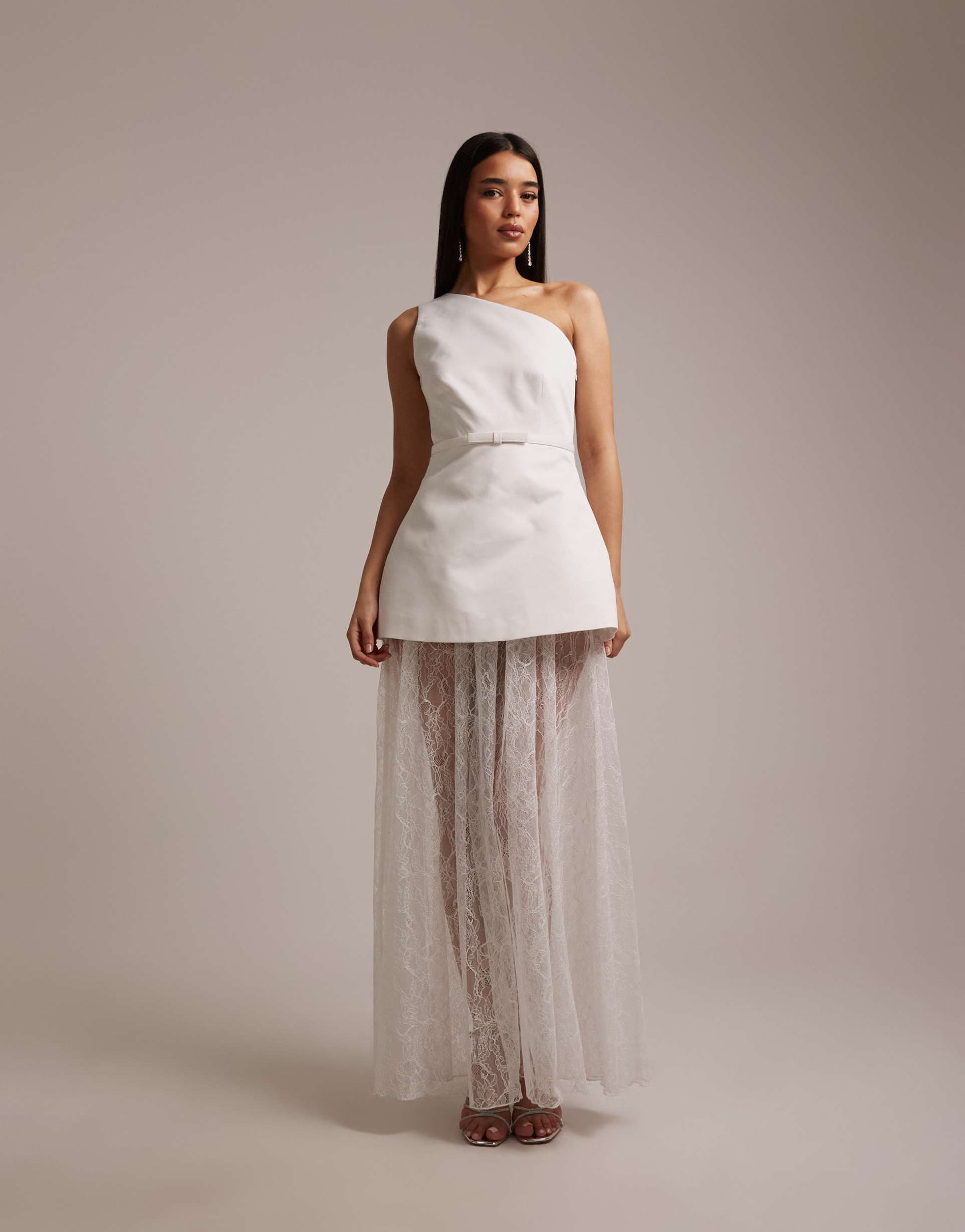 six stories bridal one shoulder satin and lace mix maxi dress in white