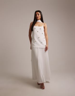 Six Stories Bridal pearl embellished pleated drop waist scarf detail maxi dress in white
