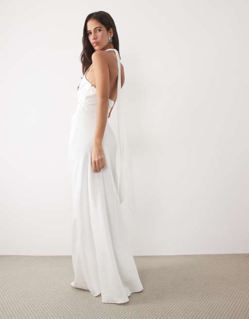 Six Stories Bridal robe longue en satin à col halter, effet écharpe, devant torsadé, blanche, 4 de 4